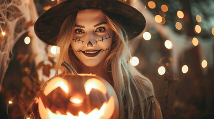 A witch costumed woman for Halloween holds a glowing jack-o-lantern with mischievous grin, her stitched makeup adding to spooky look. She wears black hat with blonde hair. Festive Halloween ambiance - 811147822