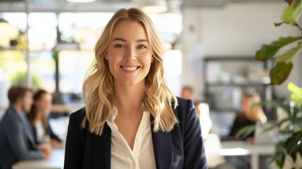 A confident businesswoman smiles warmly while posing in a modern office environment. Woman dressed in professional attire on blurred background with colleagues, open workspace - 811147891