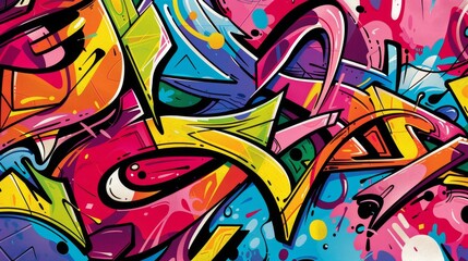 Obraz premium Colorful graffiti covering a textured background on a wall, creating a striking display of urban art and self-expression.