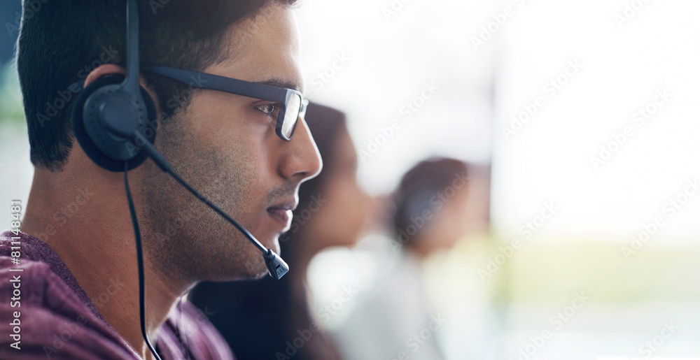 Poster contact us, customer support and business man in call center office consulting for faq, crm or b2b n