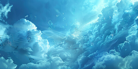 Musical Dreamscape: Music Notes Drifting Through Clouds in a Surreal Dreamlike Setting