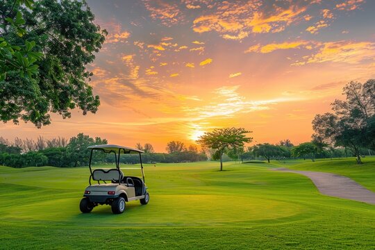 A golf cart on a beautiful golf course at sunset. Perfect for golfing or sports concepts