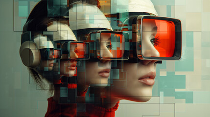 Digital vision: futuristic woman with vr headset. Abstract portrait of a woman with multiple vr glasses layered in a digital collage