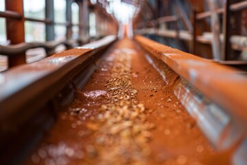 Potash fertilizer moving along a conveyor belt in an industrial manufacturing plant - 811149070