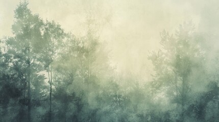 A painting of trees shrouded in mist in a forest setting, capturing the eerie beauty of a foggy day.
