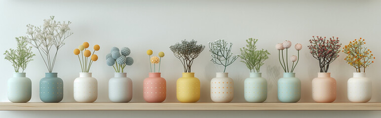 Colorful vases with dried flowers on wooden shelf: Minimalist display of decorative vases with assorted dried flowers on a clean wooden shelf
