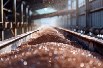 Potash fertilizer moving along a conveyor belt in an industrial manufacturing plant - 811149488
