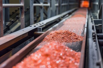 Potash fertilizer moving along a conveyor belt in an industrial manufacturing plant - 811149699