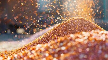 Potash fertilizer being poured from a conveyor, forming a growing pile of vibrant orange and pink minerals on blurred background. Process involved in fertilizer production