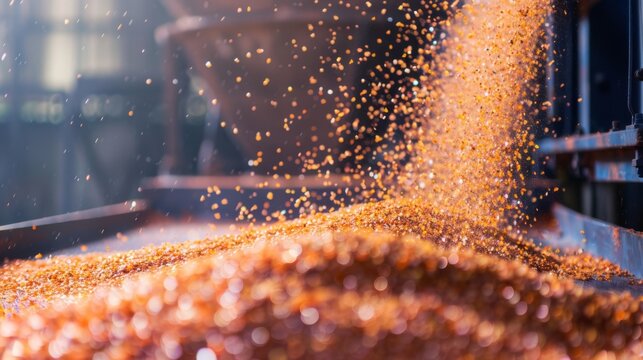 Potash fertilizer being poured from a conveyor, forming a growing pile of vibrant orange and pink minerals on blurred background. Process involved in fertilizer production