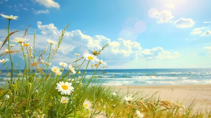 Summer background, daisies bloom on a sandy beach under a bright summer sky. Sunlight warms sea grasses and wildflowers. Ocean waves lap at the shore, creating a tranquil coastal scene - 811150030