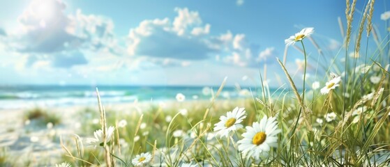 Summer background, daisies bloom on a sandy beach under a bright summer sky. Sunlight warms sea grasses and wildflowers. Ocean waves lap at the shore, creating a tranquil coastal scene - 811150055