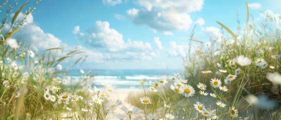 Summer background, daisies bloom on a sandy beach under a bright summer sky. Sunlight warms sea grasses and wildflowers. Ocean waves lap at the shore, creating a tranquil coastal scene - 811150080