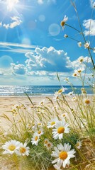 Summer background, daisies bloom on a sandy beach under a bright summer sky. Sunlight warms sea grasses and wildflowers. Ocean waves lap at the shore, creating a tranquil coastal scene - 811150091