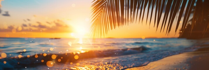Summer background with tropical sunset overlooking the ocean with palm leaves. The atmosphere is magical, embodying the tranquil, dreamy allure of a tropical paradise - 811150200