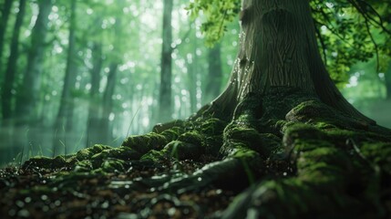 A tree covered in moss in a serene forest setting. Suitable for nature and environmental themes
