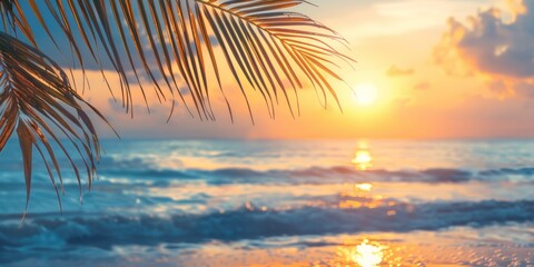 Summer background with tropical sunset overlooking the ocean with palm leaves. The atmosphere is magical, embodying the tranquil, dreamy allure of a tropical paradise - 811150222