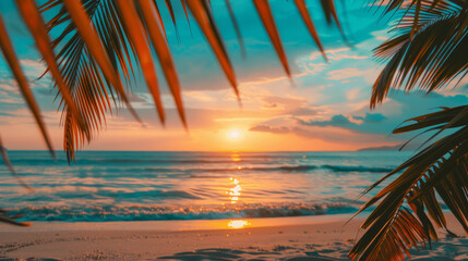Summer background with tropical sunset overlooking the ocean with palm leaves. The atmosphere is magical, embodying the tranquil, dreamy allure of a tropical paradise - 811150239