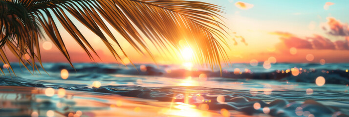 Summer background with tropical sunset overlooking the ocean with palm leaves. The atmosphere is magical, embodying the tranquil, dreamy allure of a tropical paradise - 811150240