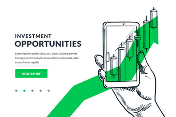 Hand holding mobile phone with growing financial stock market chart on green arrow background. Hand drawn vector sketch illustration. Investment profit, statistics, business strategy growth concept