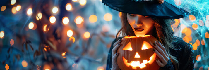 Halloween background with a witch costume woman holds a glowing jack-o-lantern. With a wide-brimmed hat, dark lipstick, spider webs, and soft orange lights, she embodies a playful Halloween mystery - 811150259