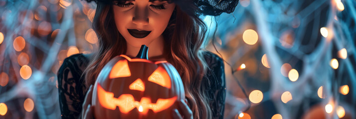 Halloween background with a witch costume woman holds a glowing jack-o-lantern. With a wide-brimmed hat, dark lipstick, spider webs, and soft orange lights, she embodies a playful Halloween mystery - 811150276