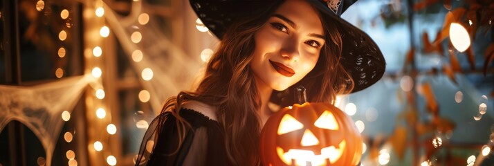 Halloween background with a witch costume woman holds a glowing jack-o-lantern. With a wide-brimmed hat, dark lipstick, spider webs, and soft orange lights, she embodies a playful Halloween mystery - 811150286