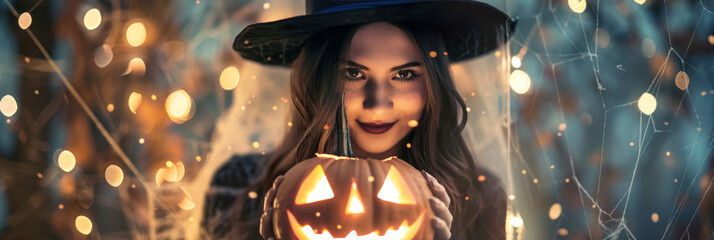 Halloween background with a witch costume woman holds a glowing jack-o-lantern. With a wide-brimmed hat, dark lipstick, spider webs, and soft orange lights, she embodies a playful Halloween mystery - 811150291