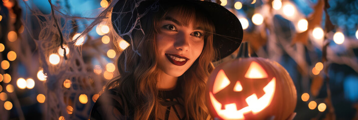 Halloween background with a witch costume woman holds a glowing jack-o-lantern. With a wide-brimmed hat, dark lipstick, spider webs, and soft orange lights, she embodies a playful Halloween mystery - 811150292