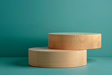 Two round wooden pedestals are stacked against a simple teal background in a minimalist composition. Product podiums - 811150458
