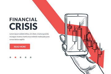 Hand holding mobile phone with falling down financial stock market chart on red arrow background. Hand drawn vector sketch illustration. Investment losses, economic crisis, bankruptcy concept