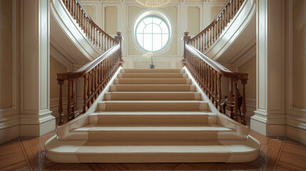 Grand luxury entrance with beige carpeted stairs featuring a classic wood railing and a large oval window at the landing The floor is laid with polished hardwood