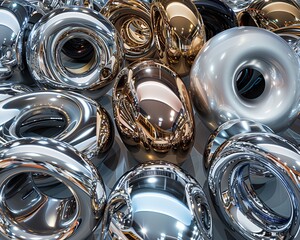 Detailed image of various metallic finishes on car parts, showcasing the reflection and texture on chrome, aluminum, and steel surfaces, displayed in an exhibition hall