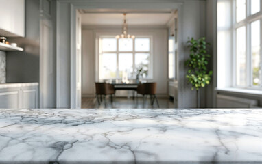 Empty White Marble Countertop on Blurred Kitchen Background