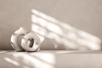 Fotobehang Boho White interior design with nordic ceramic vase and sunlight from the window. Empty room background with minimal aesthetic decor.  © hitdelight