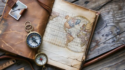 A wooden table displays an open book with a map, compass, and intricate circle pattern on the...