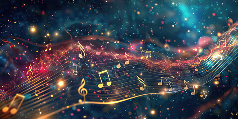 Starry Night Sonata: Music Notes Floating Under a Starry Night Sky with Constellations
