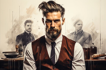 A bearded man portrait dressed in formal attire with stylish hairstyling.