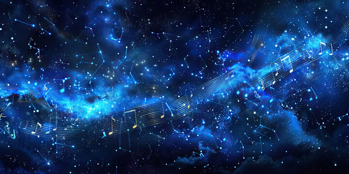 Starry Night Sonata: Music Notes Floating Under a Starry Night Sky with Constellations