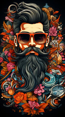 Barber shop collage: A portrait of bearded hipster surrounded with a flowers in cartoon style.
