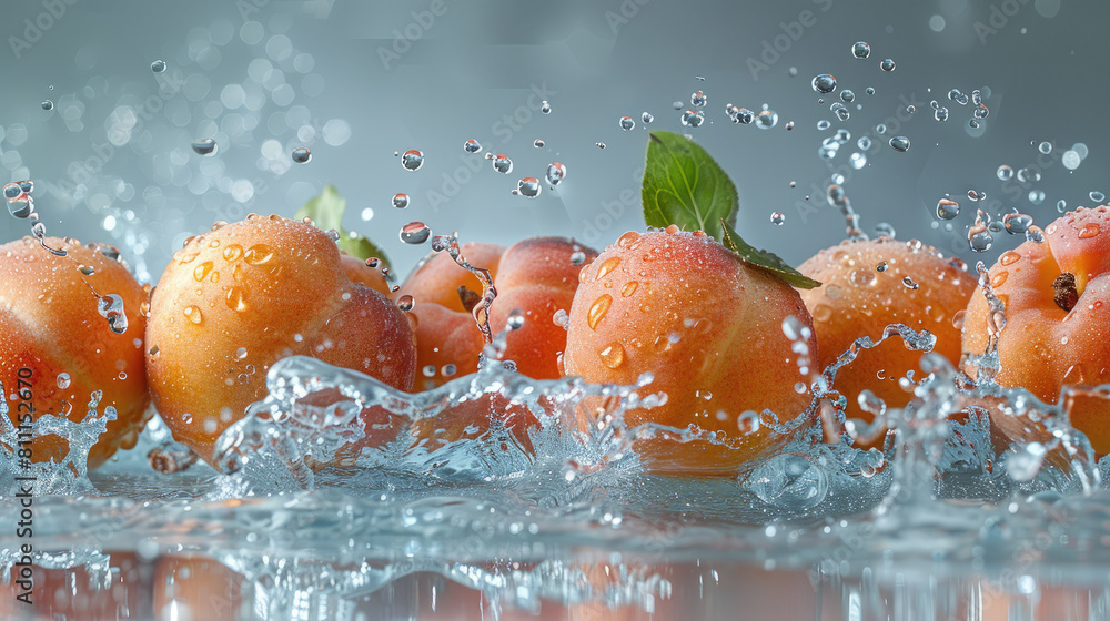 Poster a group of oranges are splashing in a pool of water. the oranges are surrounded by water droplets, c