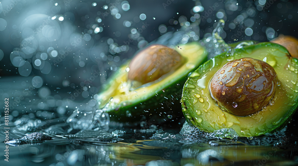 Poster a couple of avocados are floating in a pool of water. the water is splashing around them, creating a