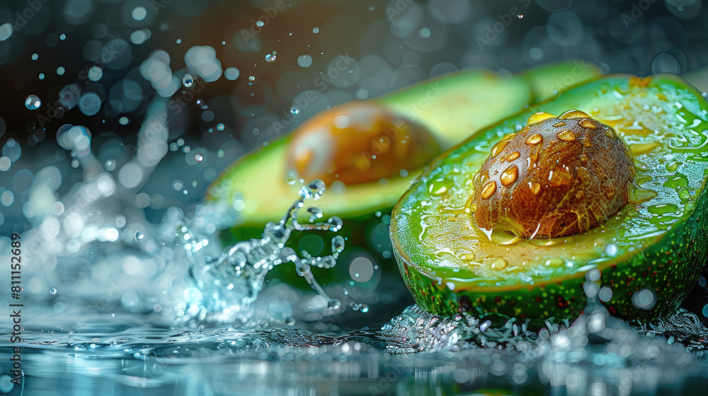 Poster a green avocado is sitting in a pool of water. the water is splashing around the avocado, creating a