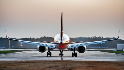 Commercial plane seen from behind on the airport runway at dusk