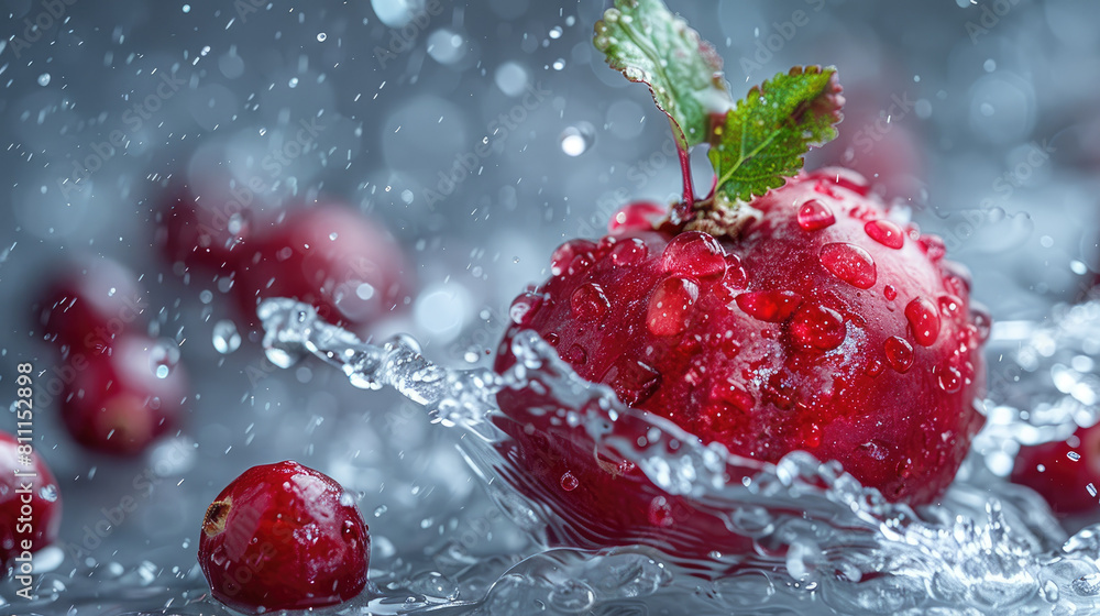 Poster a red apple is floating in a pool of water. the apple is surrounded by other red fruits, and the wat
