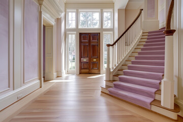 Luxurious entrance featuring a soft lavender staircase broad wooden front door and pale hardwood floors extending to a tall ceiling Gentle elegant design