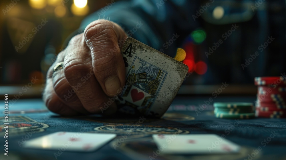 Poster person holding a stack of playing cards on a table. suitable for gambling and game concepts