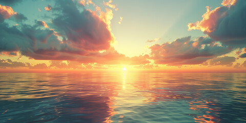 3D rendering of the sun setting over an ocean with pink and purple clouds in the sky. - Powered by Adobe