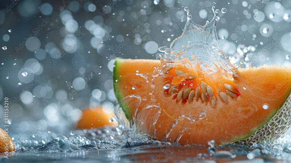 Poster a slice of cantaloupe is falling into a pool of water. the water is splashing and the cantaloupe is 