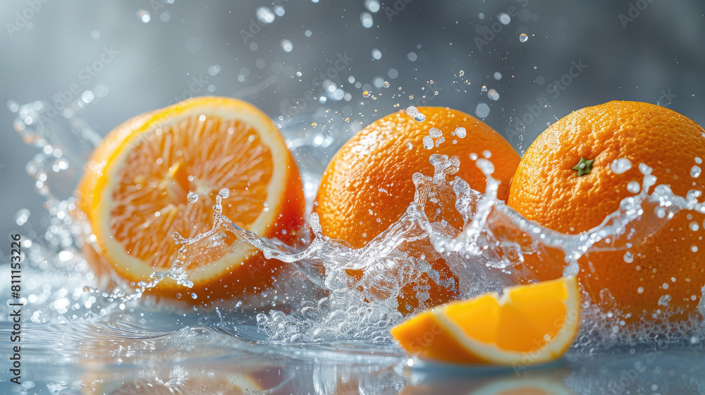 Poster three oranges are splashing in water, with one of them being cut in half. the scene is lively and pl